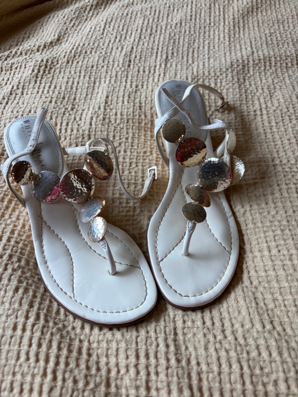 White House Black Market White Sandal with Silver Disc Accents